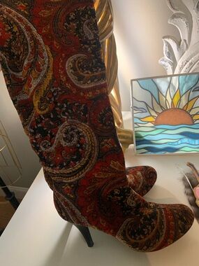 Paisley Velvet Knee-High Boots in Red (Unbranded)